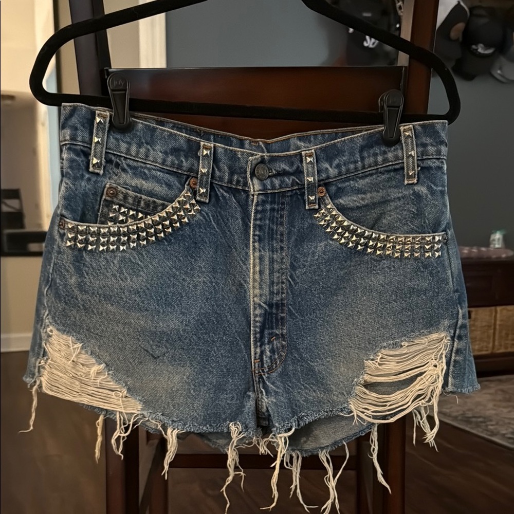 Distressed Blue Studded Jean Shorts